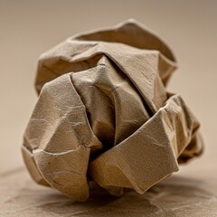 Close-up of a single crumpled brown paper ball, revealing its intricate textures and deep folds against a blurred background, symbolizing discarded ideas and recycling