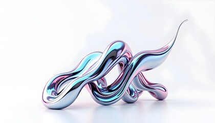 Futuristic 3D abstract sculpture made of liquid metal. The dynamic, curved form has a glossy chrome surface with iridescent and holographic pink and blue reflections. AI generated