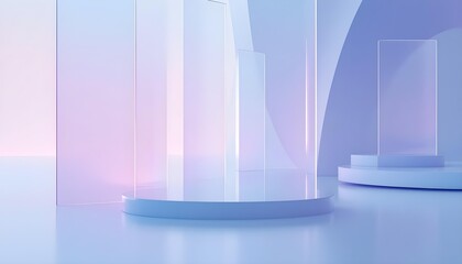 Minimalist 3D scene with a podium for product display. An abstract background with geometric shapes and glass panels in soft pastel colors. AI generated.