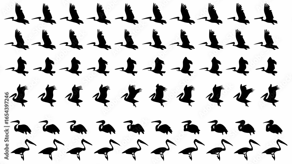 Poster silhouette depiction of multiple pelicans in various stages of flight and standing poses in a grid p
