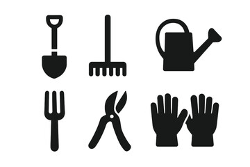 Garden tools vector icon set. Solid glyph pictograms of gardening equipment. Shovel, rake, watering can, fork, pruning shears, and gloves. Agriculture silhouette symbols.