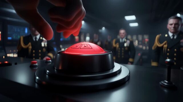 Officer pressing a large red button on a control panel while other officers observe in a command center. Concept of nuclear launch and military decision.