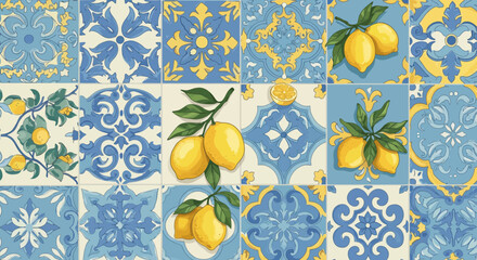 Vibrant Italian Tile Mosaic with Lemon Accents, Capturing Mediterranean Charm and Freshness