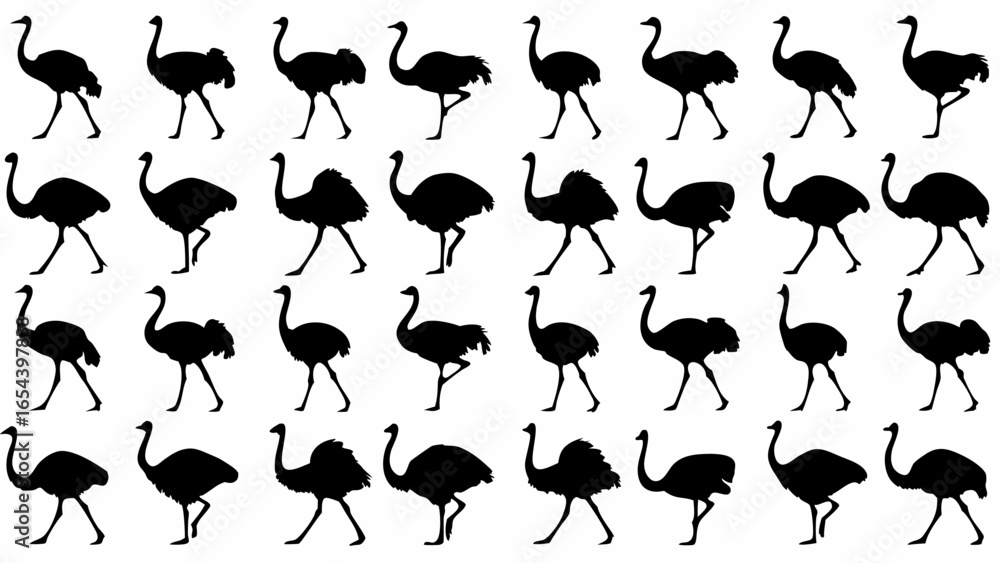 Poster silhouette pattern featuring multiple images of ostriches in various walking and standing poses repe