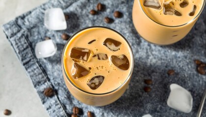 Perfect for promoting coffee shops, summer drinks, and beverage menus. Refreshing concept featuring iced coffee, beans, and ice cubes.