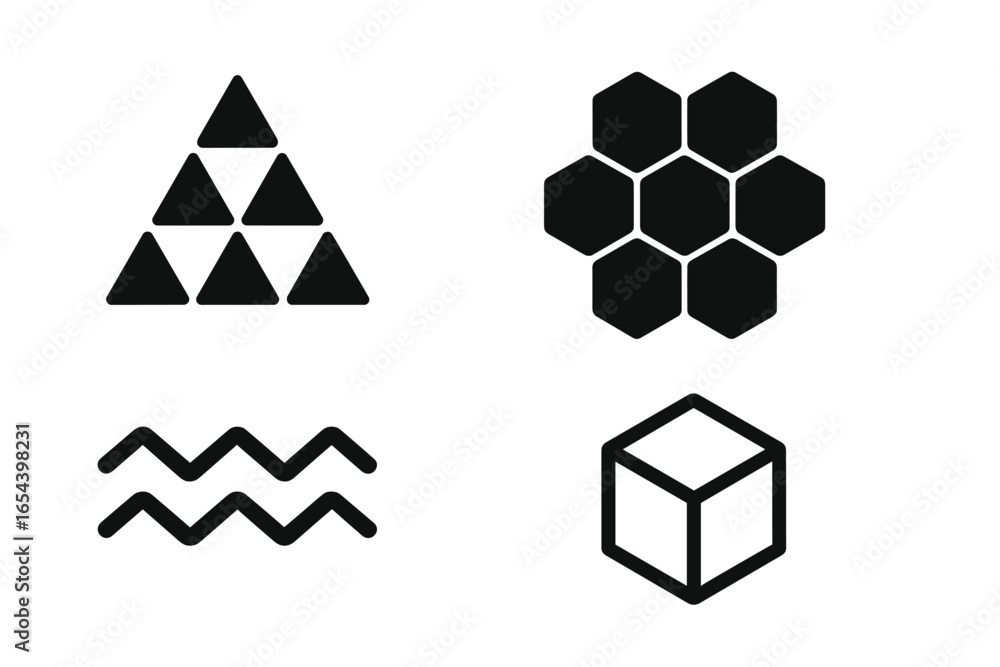 Poster geometric pattern icons set. solid filled shapes and outline symbol collection. triangle pyramid, he