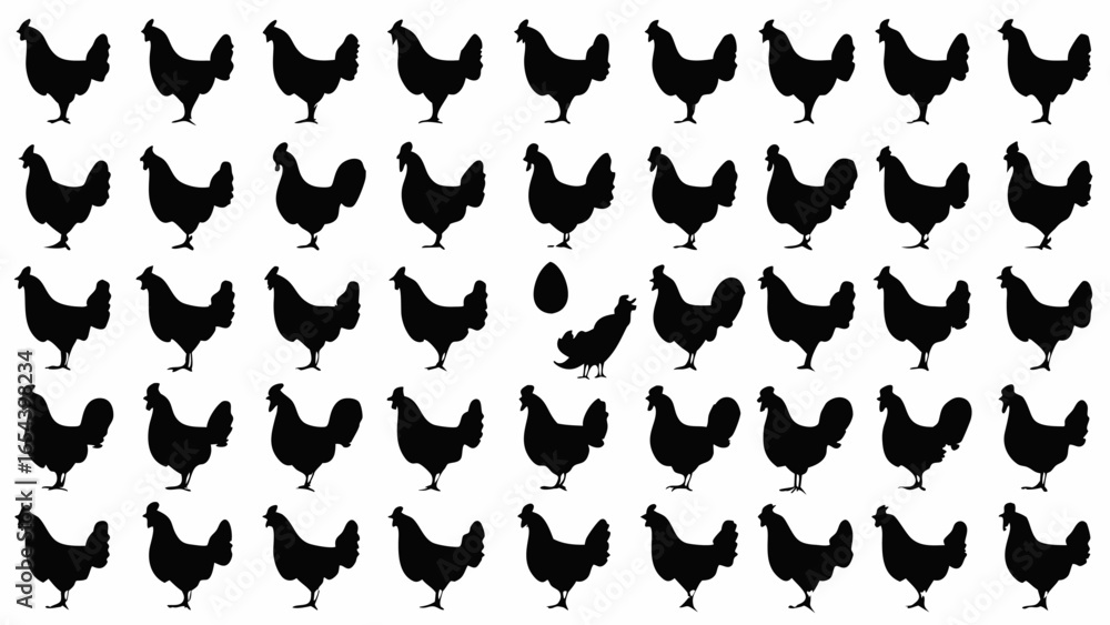 Poster silhouette pattern of chickens and a single egg on a white background in a repeating arrangement des