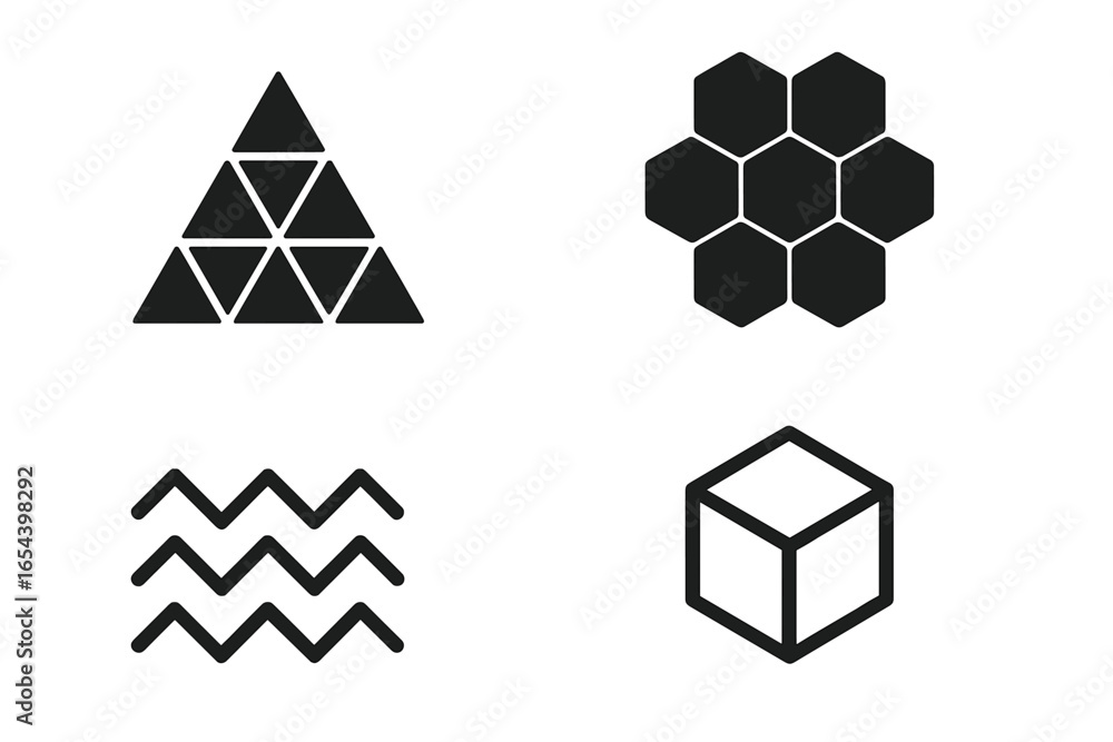 Poster geometric pattern icons set. solid triangle cluster, hexagon grid, zigzag wave lines, and cube outli