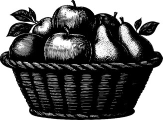 Fototapeta premium Vintage engraved illustration of basket filled with apples and pears for retro design