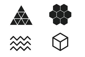 Geometric pattern icons set. Solid triangle cluster, hexagon grid, zigzag wave lines, and cube outline. Abstract minimal vector symbols for logo or web design elements.
