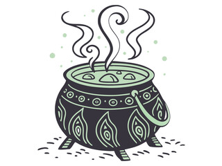 Vector art of a cauldron bubbling with green magical potion.