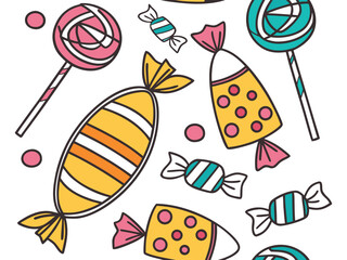Vector seamless pattern of candy corn, lollipops, and wrapped sweets in bright colors.