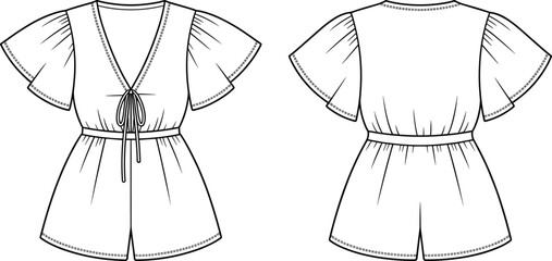 Front and back view romper CAD drawing, V neckline tie closure, short flared sleeves, cinched waist, loose fit shorts, technical fashion vector illustration