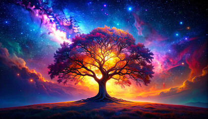 A majestic glowing tree with radiant branches, illuminated from within by golden and fiery light, standing on a grassy hill. The night sky is filled with vibrant galaxies, colorful nebula clouds.