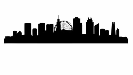 Naklejka premium Silhouette of a city skyline featuring tall buildings and a ferris wheel against a white background viewscape