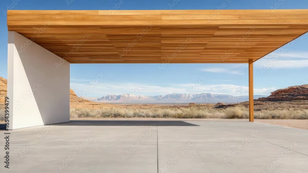 Poster modern architecture desert landscape features minimalist design with wooden structure and open