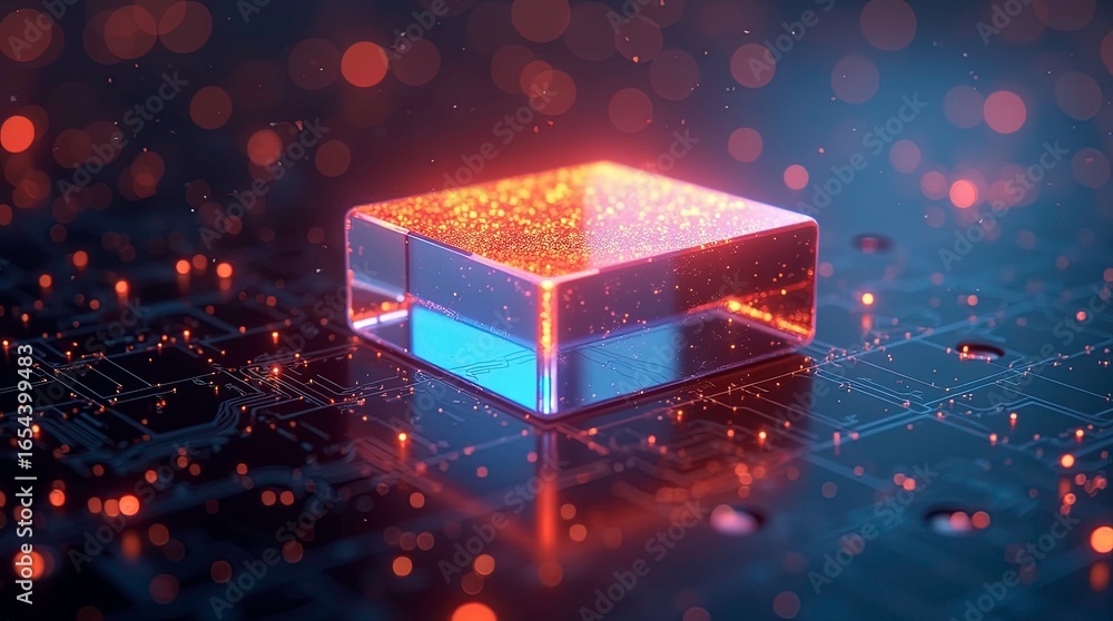 Aufkleber glowing circuit board with illuminated microchip depicts technology future, ai generative