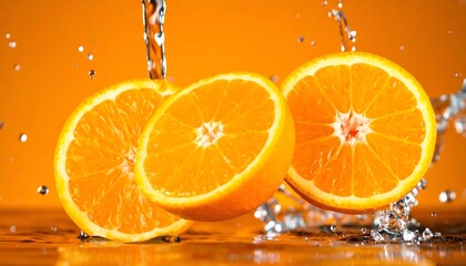 Refreshing image of splashing orange halves, vibrant colors, perfect for food and beverage ads, summer promotions, healthy living, and vitamin c supplements.