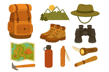 Essential outdoor hiking and camping gear vector set. Cartoon kit backpack, boots, hat, binoculars, flashlight, knife, water bottle, map. Mountain nature adventure equipment. Exploration icons pack