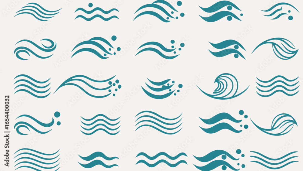 Poster vector collection of teal wavy line patterns resembling water waves and ocean currents on a light ba