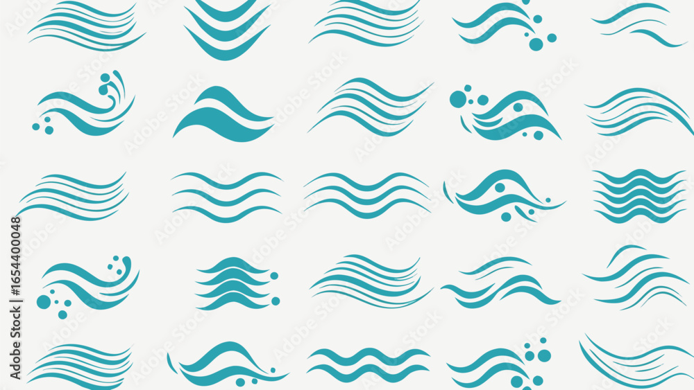Poster vector collection of teal wavy lines and water droplets arranged in a grid pattern on a white backgr