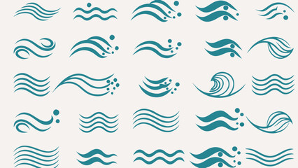 Vector collection of teal wavy line patterns resembling water waves and ocean currents on a light background