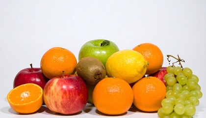 Variety of fresh fruits in rainbow colors like apples, oranges, lemons, kiwis, and grapes. Ideal for healthy diet concepts.