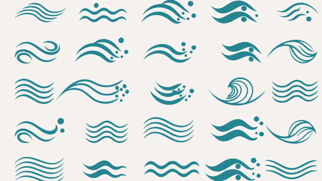 Vector collection of teal wavy line patterns resembling water waves and ocean currents on a light background