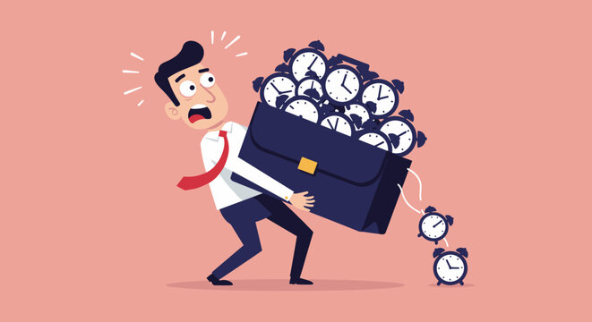 Stressed businessman struggling to carry a briefcase full of clocks  symbolizing the stress of time management, perfect for workplace productivity workshops and stress management resources.