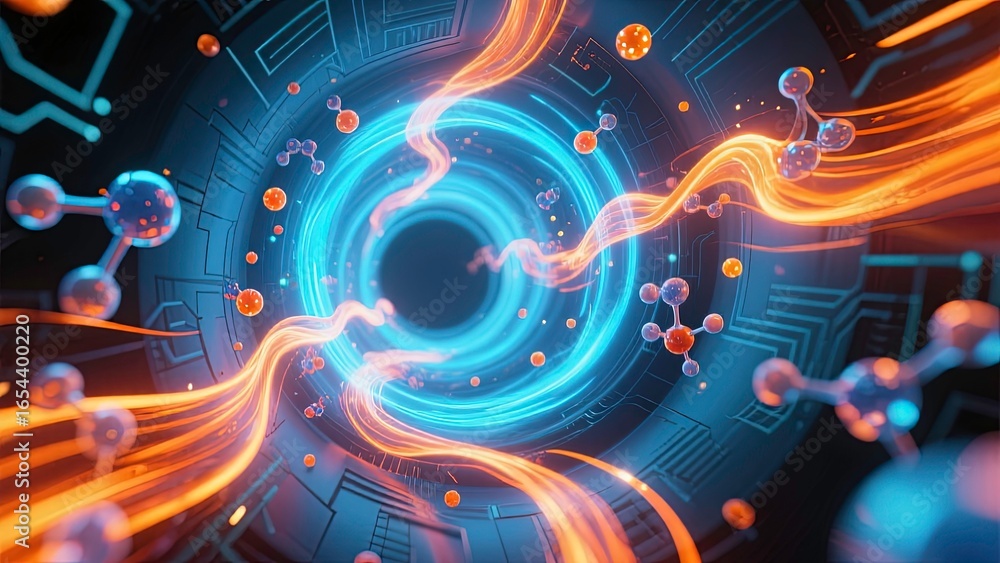Poster a dynamic colorful visualization of quantum physics or particle acceleration with molecules