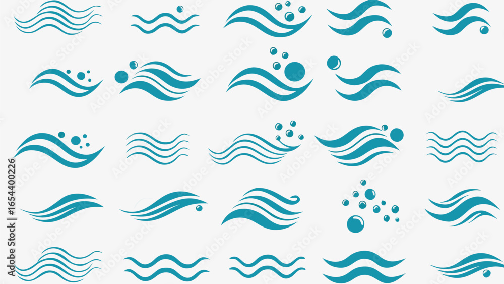 Poster vector illustration of varied turquoise wave patterns and bubble designs arranged on a white backgro