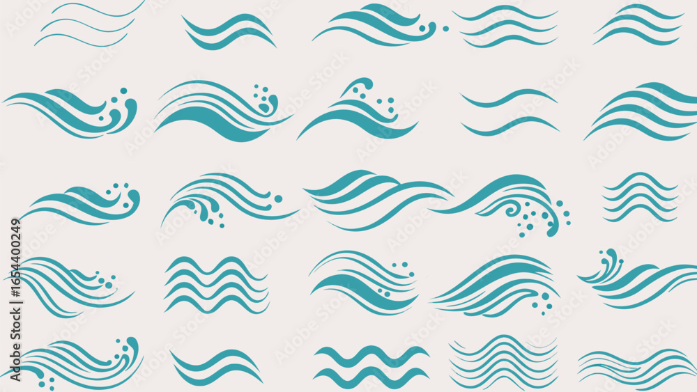 Poster vector collection of teal wave illustrations with varying styles and splash details on a light backg