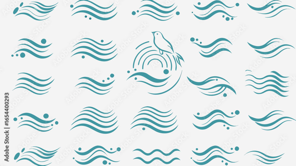 Poster vector collection of teal wave designs with varying line counts and dot arrangements on a white back