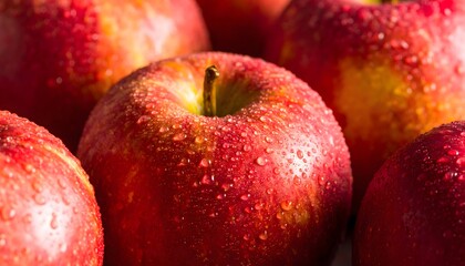 Fresh red apples covered in water droplets, perfect for food blogs, healthy eating, cooking magazines, autumn harvest themes. Great for advertising.
