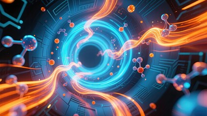 Obraz premium A dynamic colorful visualization of quantum physics or particle acceleration with molecules