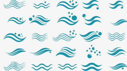 Vector illustration of varied turquoise wave patterns and bubble designs arranged on a white background surface