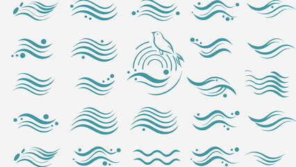 Vector collection of teal wave designs with varying line counts and dot arrangements on a white background