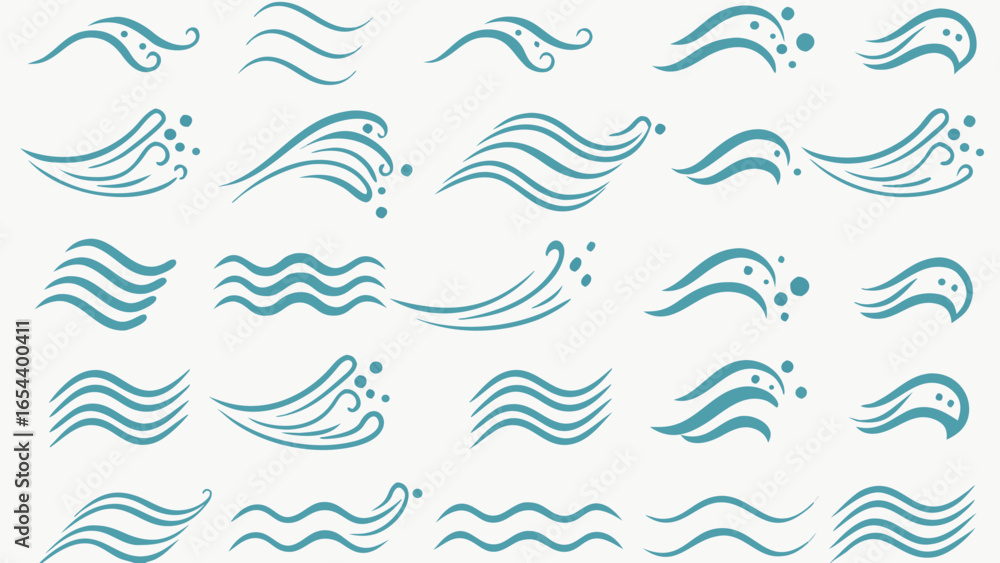 Poster vector collection of teal water wave designs with varying shapes and bubble accents arranged in a pa