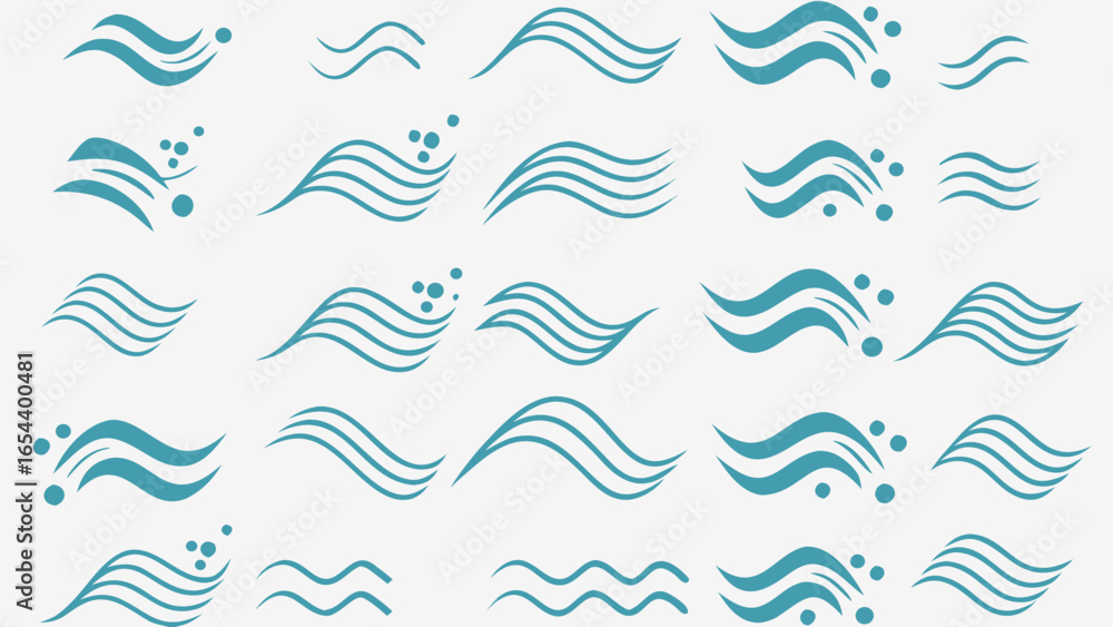 Poster vector collection of teal wave illustrations with varying line counts and bubble accents arranged on