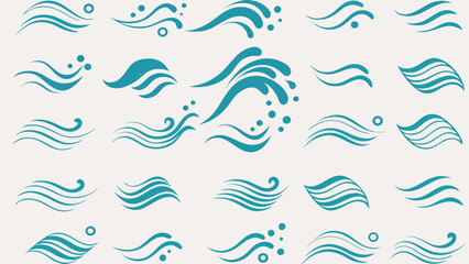 Vector collection of teal wave illustrations with varying shapes and droplet accents on a light background artfully arranged