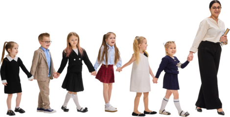 Group of children with female teacher holding hands walking together on transparent background. Concept of education, childhood, guidance, care, school routine, and academic support.