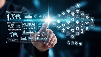 A person interacts with a glowing blue medical interface Symbols and data display representing healthcare technology innovation and future medical advancements - Powered by Adobe