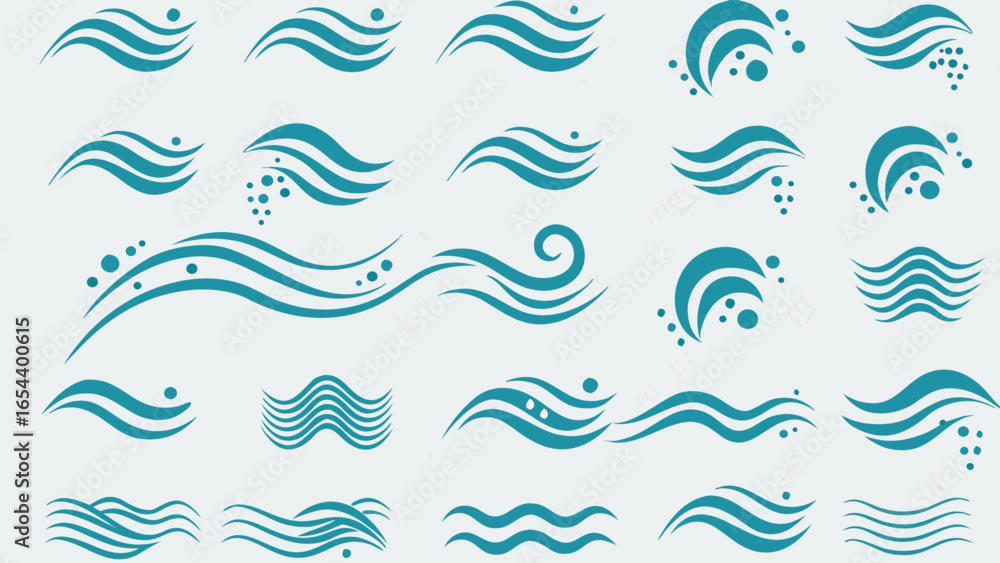 Poster vector collection of teal wave patterns and water droplet designs on a white background showcasing v