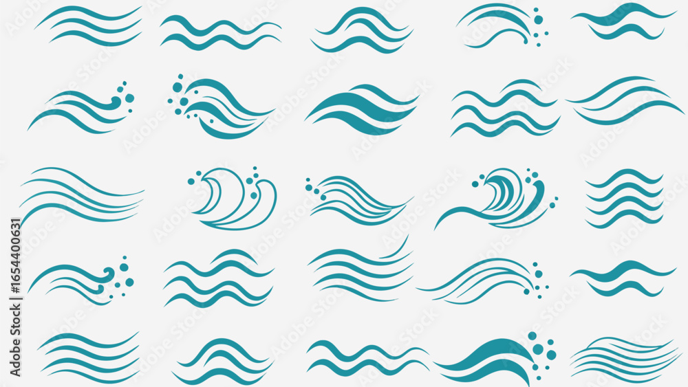 Poster vector illustration showing a collection of teal colored wave icons with varying shapes and bubble a