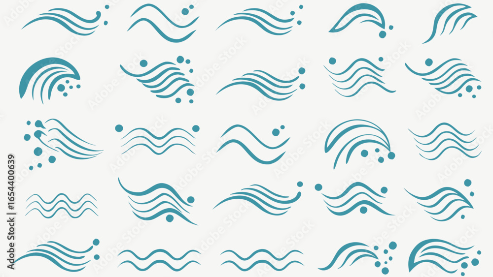 Poster vector collection of teal wave and splash designs with varying line counts and dot placements on whi