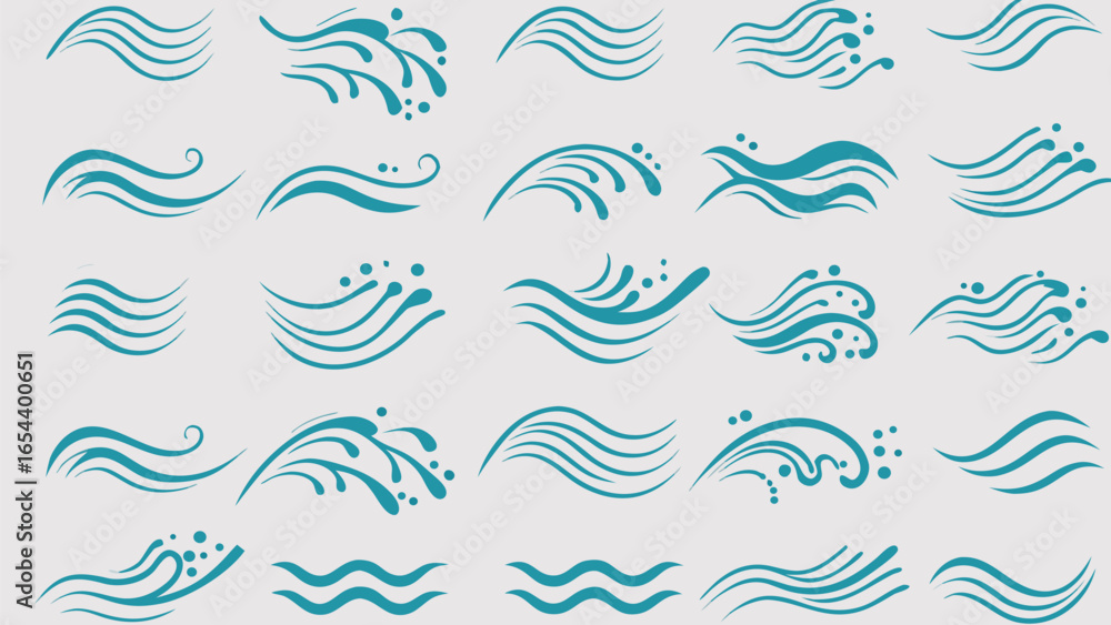 Poster vector collection of teal wavy lines and water droplets arranged in a grid pattern on a light backgr
