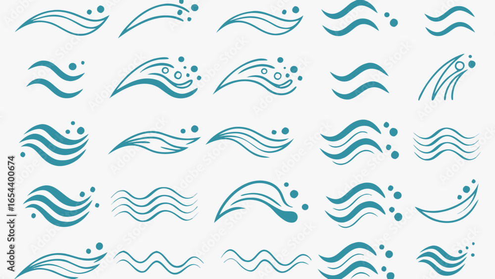 Poster vector collection of teal wavy lines and water droplet designs arranged in a grid pattern on white b