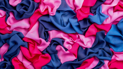 Abstract close-up of vibrant pink and blue crumpled fabric creating dynamic textile background with rich textures and shadows
