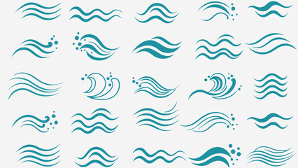 Vector illustration showing a collection of teal colored wave icons with varying shapes and bubble accents design set