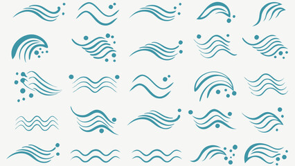 Vector collection of teal wave and splash designs with varying line counts and dot placements on white background